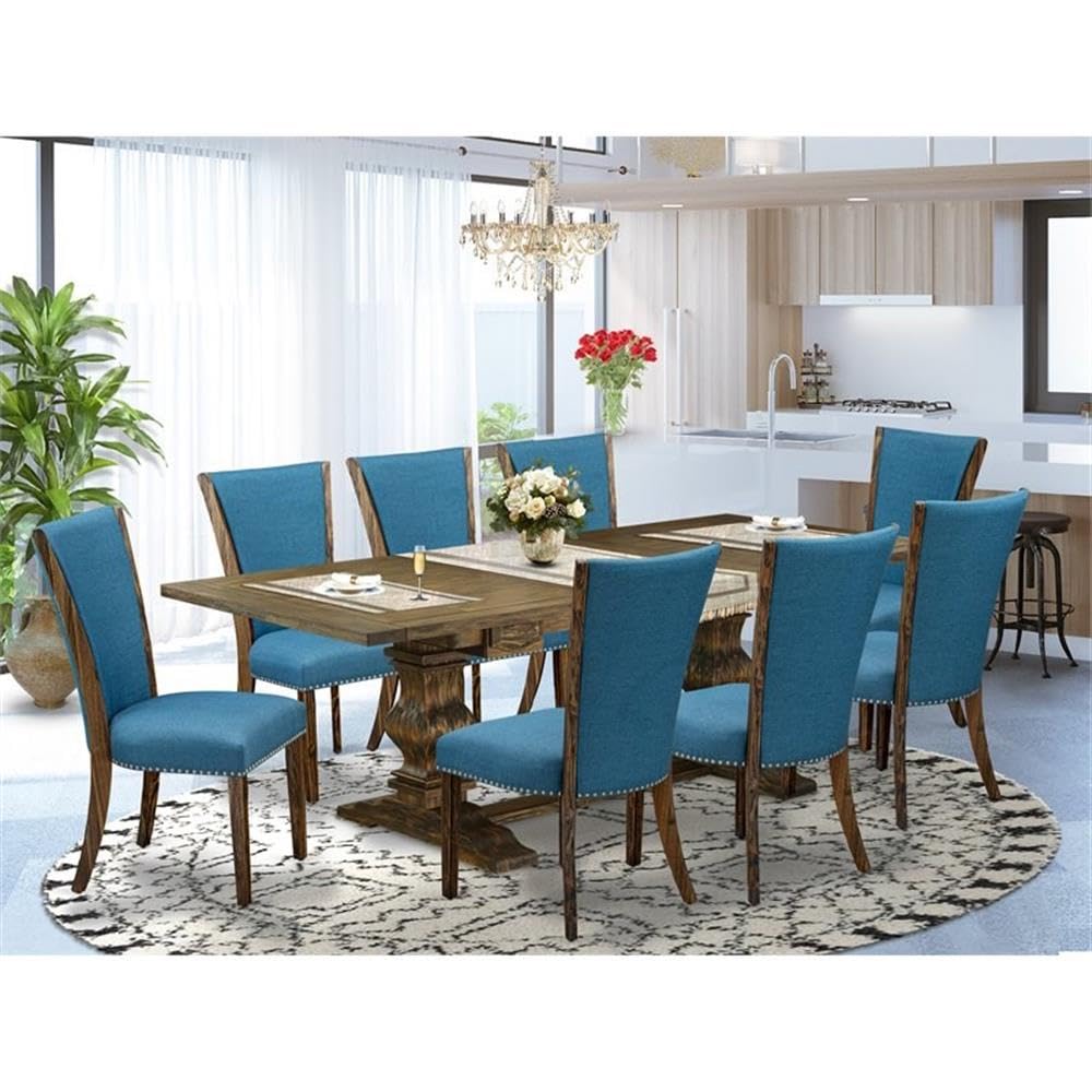 East West Furniture Lave9-77-21 9 Piece Dining Table Set Includes A Rectangle Dining Room Table With Butterfly Leaf And 8 Blue Color Linen Fabric Parsons Chairs, 42X92 Inch, Jacobean